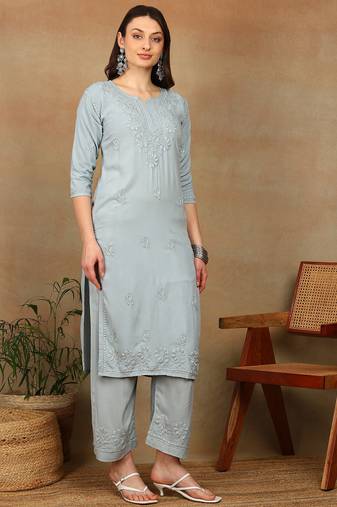 Women grey ethnic motifs embroidered chikankari liva rayon a-line kurta & palazzo set