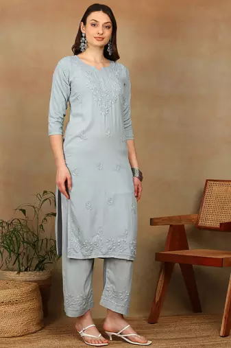 Women grey ethnic motifs embroidered chikankari liva rayon a-line kurta & palazzo set