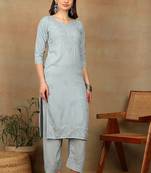 Women grey ethnic motifs embroidered chikankari liva rayon a-line kurta & palazzo set