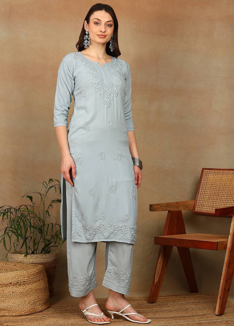 Women grey ethnic motifs embroidered chikankari liva rayon a-line kurta & palazzo set