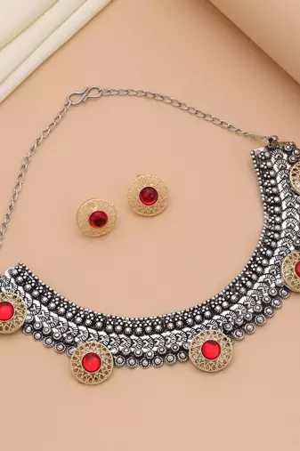 Red color dual tone oxidised necklace set