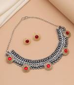 Red color dual tone oxidised necklace set