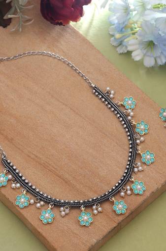 Firozi color dual tone oxidised necklace set
