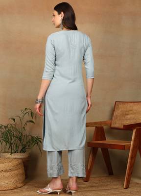 Women grey ethnic motifs embroidered chikankari liva rayon a-line kurta & palazzo set 2