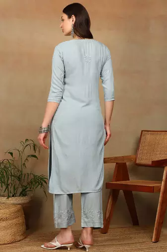 Women grey ethnic motifs embroidered chikankari liva rayon a-line kurta & palazzo set