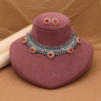 Red color dual tone oxidised necklace set 2