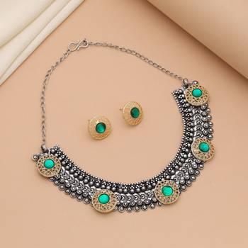 Green color dual tone oxidised necklace set 1