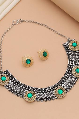 Green color dual tone oxidised necklace set
