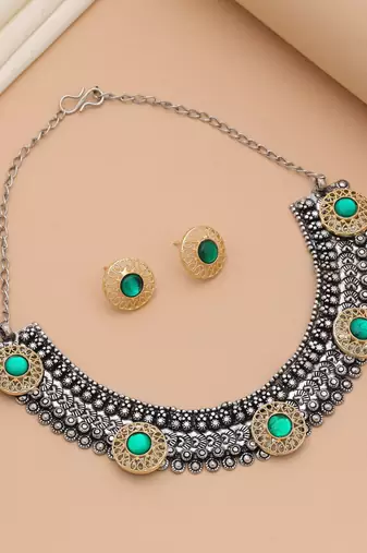 Green color dual tone oxidised necklace set