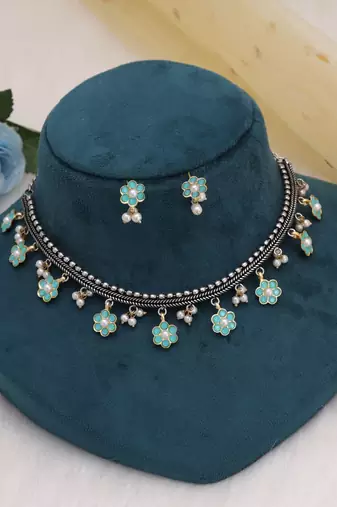 Firozi color dual tone oxidised necklace set