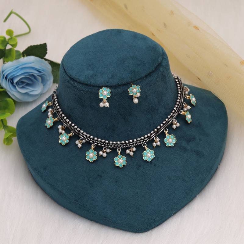 Firozi color dual tone oxidised necklace set