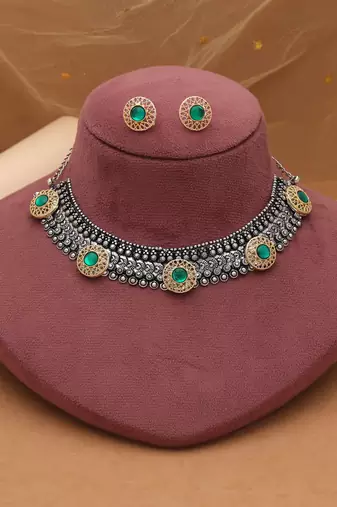 Green color dual tone oxidised necklace set