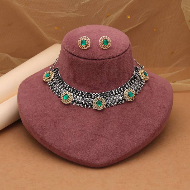 Green color dual tone oxidised necklace set
