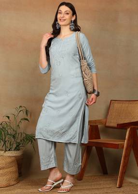 Women grey ethnic motifs embroidered chikankari liva rayon a-line kurta & palazzo set 3