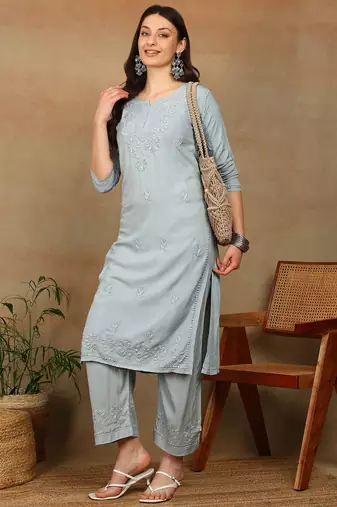 Women grey ethnic motifs embroidered chikankari liva rayon a-line kurta & palazzo set
