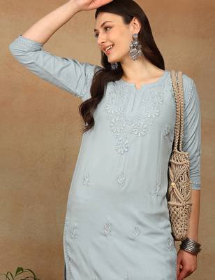 Women grey ethnic motifs embroidered chikankari liva rayon a-line kurta & palazzo set 4