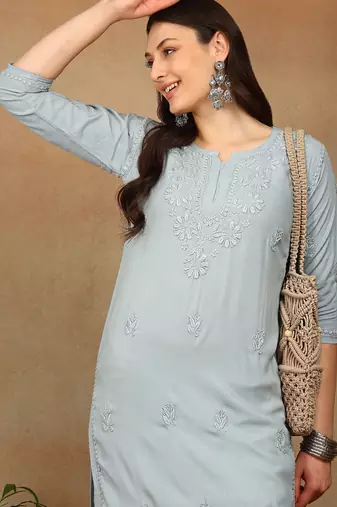 Women grey ethnic motifs embroidered chikankari liva rayon a-line kurta & palazzo set
