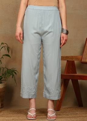 Women grey ethnic motifs embroidered chikankari liva rayon a-line kurta & palazzo set 5