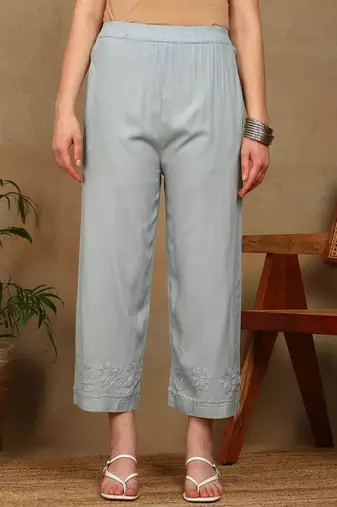 Women grey ethnic motifs embroidered chikankari liva rayon a-line kurta & palazzo set