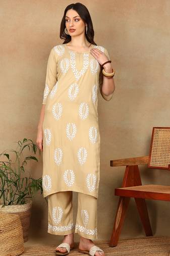 Women beige rayon ethnic motifs embroidered a-line chikankari kurta & palazzo set