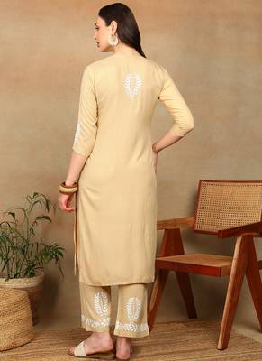 Women beige rayon ethnic motifs embroidered a-line chikankari kurta & palazzo set 2