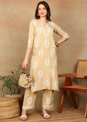 Women beige rayon ethnic motifs embroidered a-line chikankari kurta & palazzo set 3