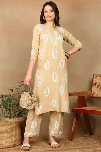 Women beige rayon ethnic motifs embroidered a-line chikankari kurta & palazzo set