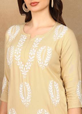 Women beige rayon ethnic motifs embroidered a-line chikankari kurta & palazzo set 4