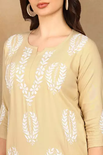 Women beige rayon ethnic motifs embroidered a-line chikankari kurta & palazzo set