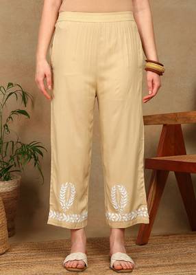 Women beige rayon ethnic motifs embroidered a-line chikankari kurta & palazzo set 5