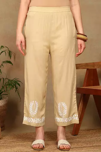 Women beige rayon ethnic motifs embroidered a-line chikankari kurta & palazzo set