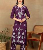 Women purple floral booti embroidered chikankari liva straight kurta & palazzo set