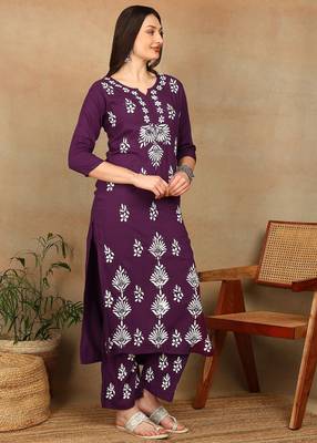 Women purple floral booti embroidered chikankari liva straight kurta & palazzo set 3