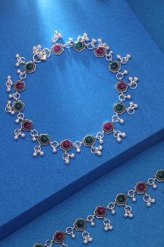 Rani & green color oxidised anklet
