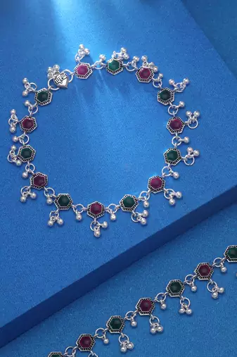 Rani & green color oxidised anklet
