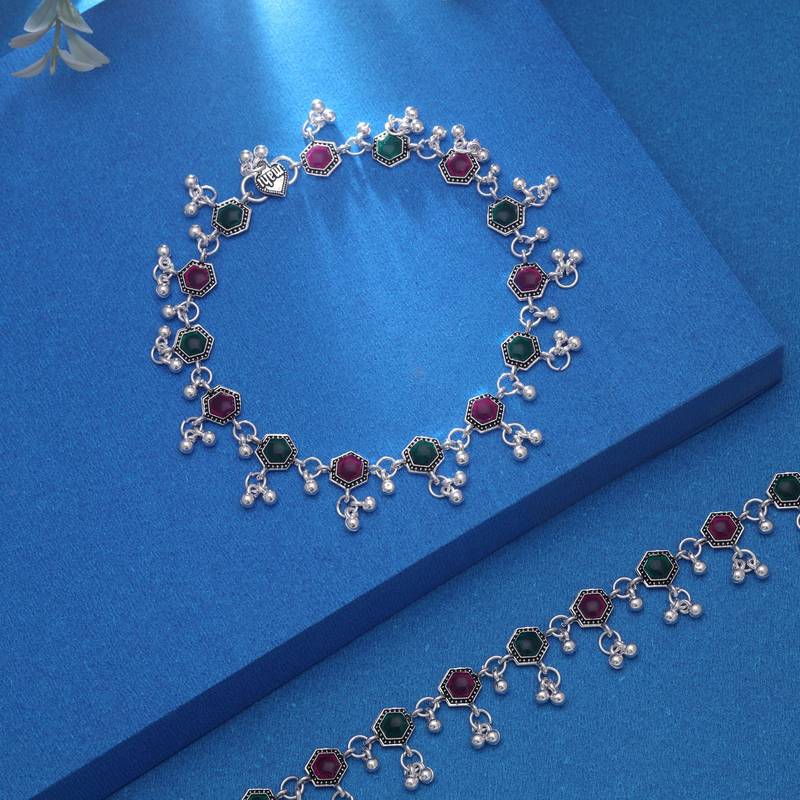 Rani & green color oxidised anklet