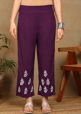 Women purple floral booti embroidered chikankari liva straight kurta & palazzo set 5