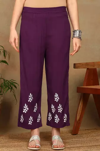 Women purple floral booti embroidered chikankari liva straight kurta & palazzo set