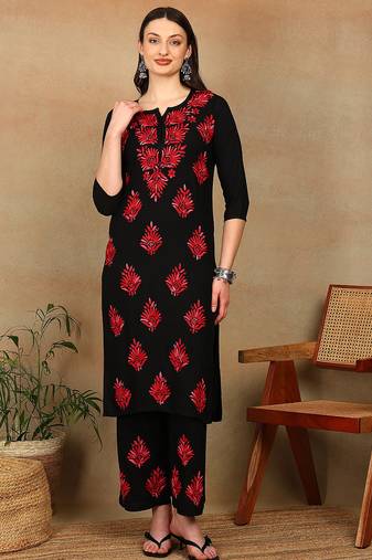 Women black & red floral embroidered chikankari a-line liva kurta & palazzo set