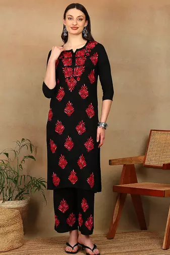 Women black & red floral embroidered chikankari a-line liva kurta & palazzo set