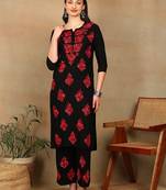 Women black & red floral embroidered chikankari a-line liva kurta & palazzo set