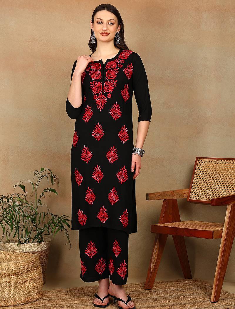 Women black & red floral embroidered chikankari a-line liva kurta & palazzo set