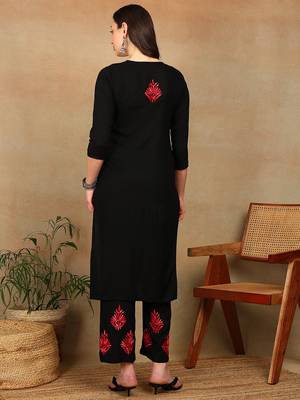 Women black & red floral embroidered chikankari a-line liva kurta & palazzo set 2