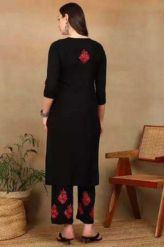 Women black & red floral embroidered chikankari a-line liva kurta & palazzo set