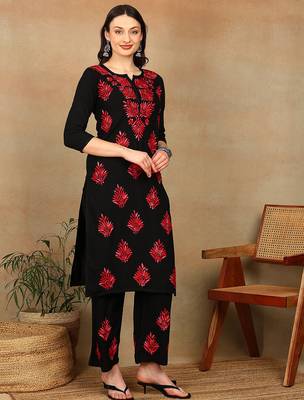 Women black & red floral embroidered chikankari a-line liva kurta & palazzo set 3