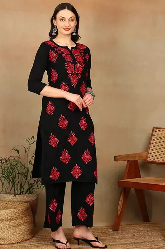 Women black & red floral embroidered chikankari a-line liva kurta & palazzo set