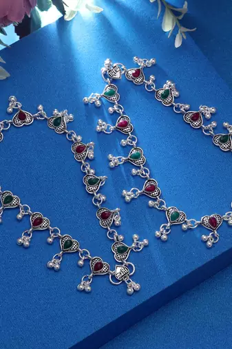 Rani & green color oxidised anklet