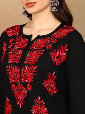 Women black & red floral embroidered chikankari a-line liva kurta & palazzo set 4