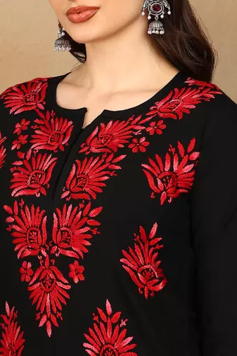 Women black & red floral embroidered chikankari a-line liva kurta & palazzo set