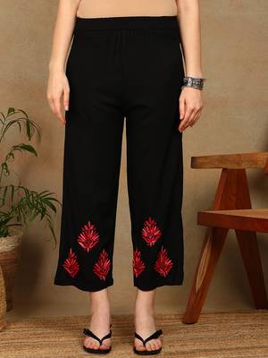 Women black & red floral embroidered chikankari a-line liva kurta & palazzo set 5